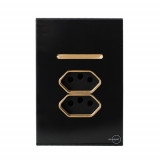 Conjunto Interruptor Simples + 2 Tomada 10a 4x2 - Novara Glass Preto Brilhante Gold